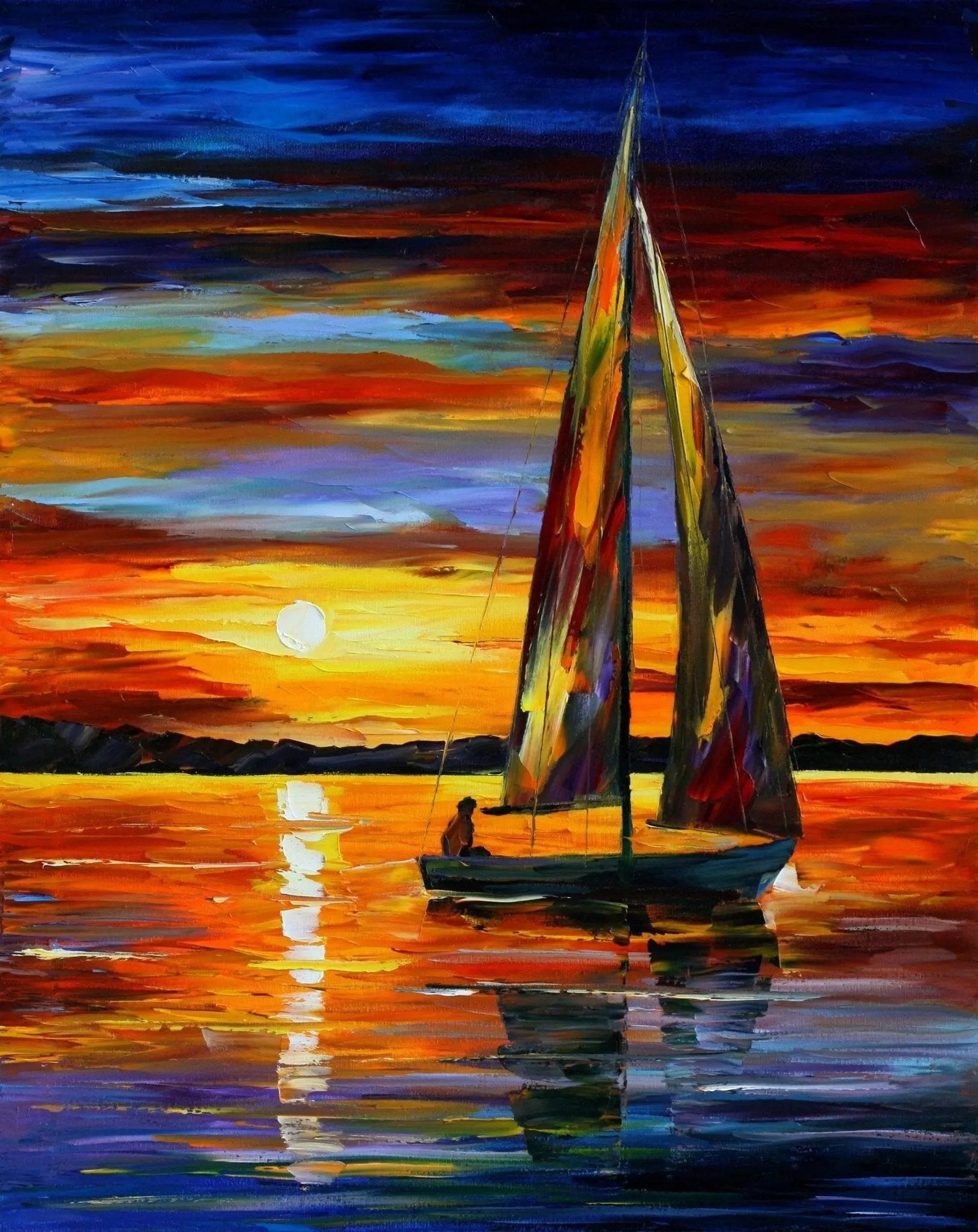 Abstract Landscape Oil Painting - Sunset Sailboat on Radiant Waters - Oil Painting Haven