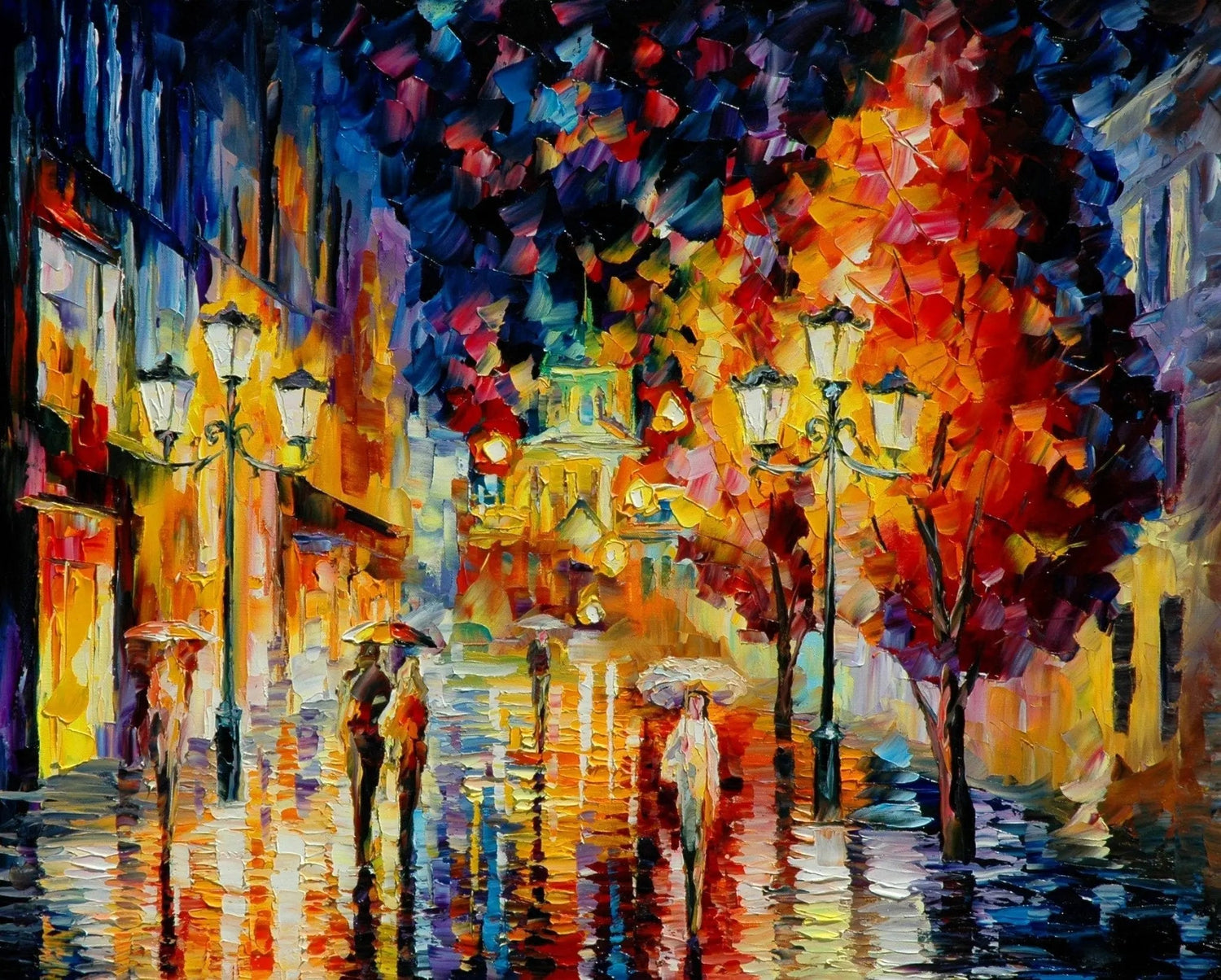 Abstract Landscape Oil Painting - Urban Rainy Night with Figures - Oil Painting Haven