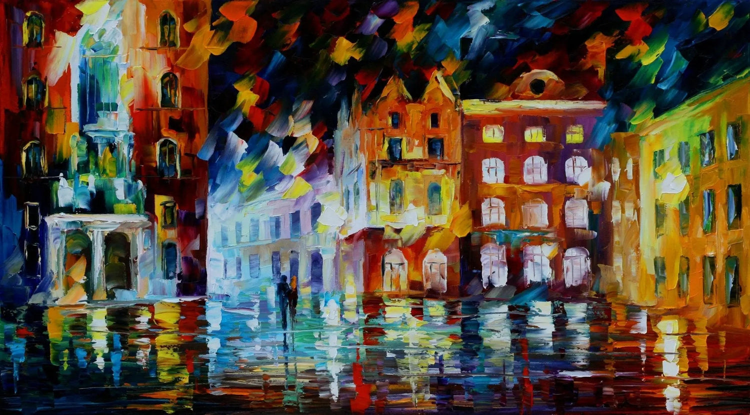 Abstract Landscape Oil Painting - Urban Square Rain Reflections - Oil Painting Haven