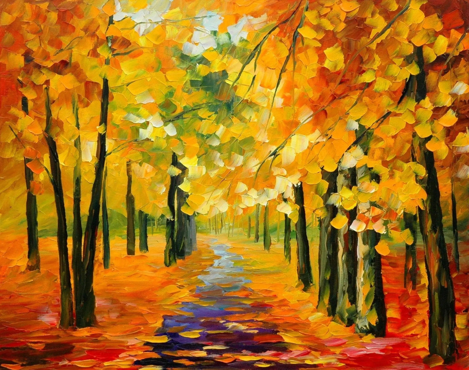 Abstract Landscape Oil Painting - Vibrant Autumn Forest Path - Oil Painting Haven