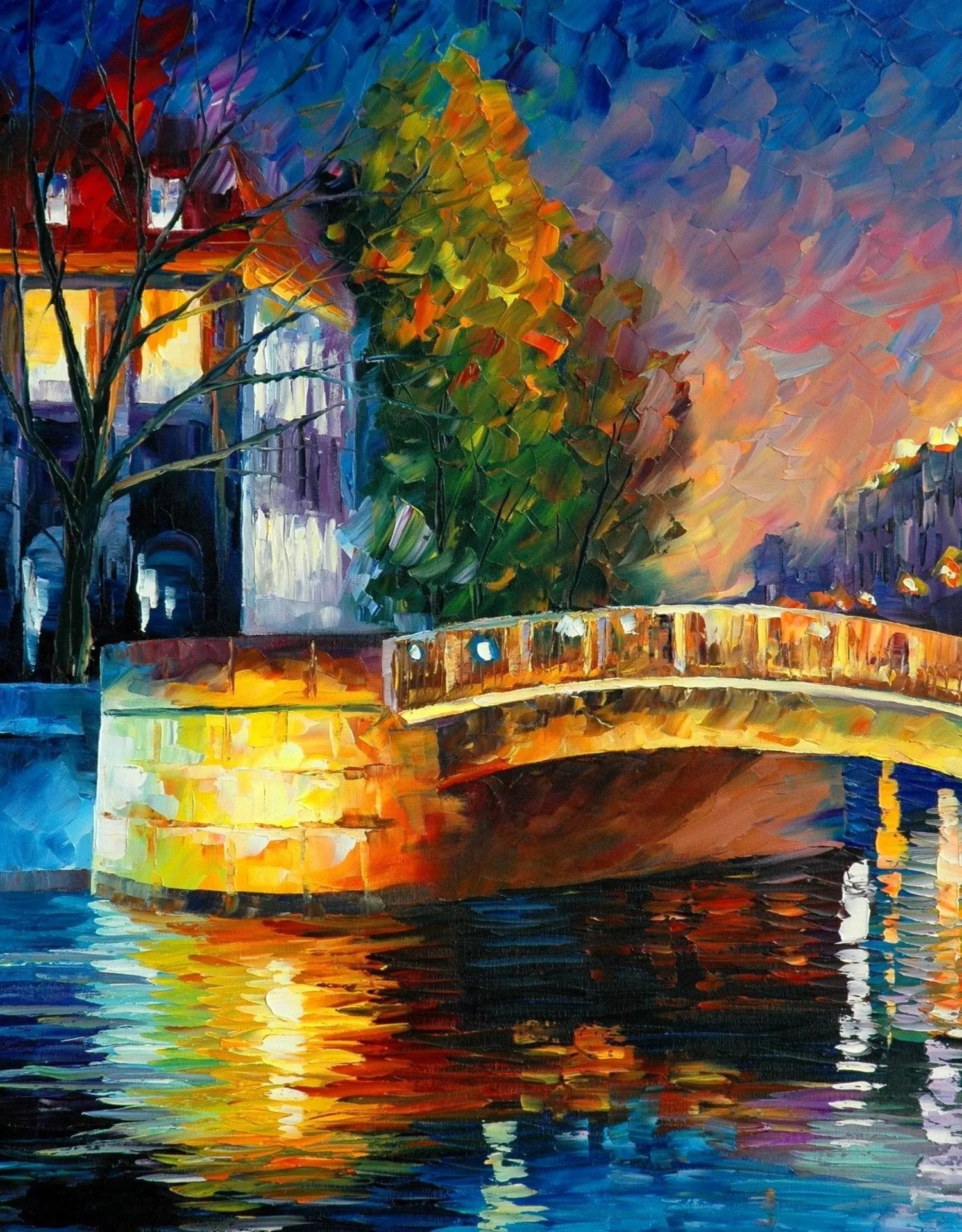 Abstract Landscape Oil Painting - Vibrant Bridge & River Evening Scene - Oil Painting Haven