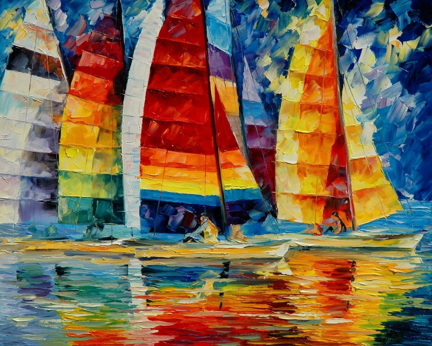 Abstract Landscape Oil Painting - Vibrant Sailboats on Water - Oil Painting Haven