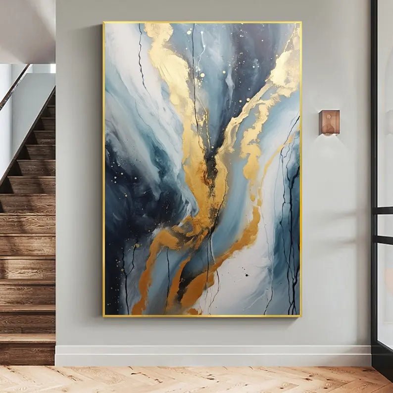 Abstract Oil Painting - Blue and Gold Fluid Art for Modern Wall Decor - Oil Painting Haven