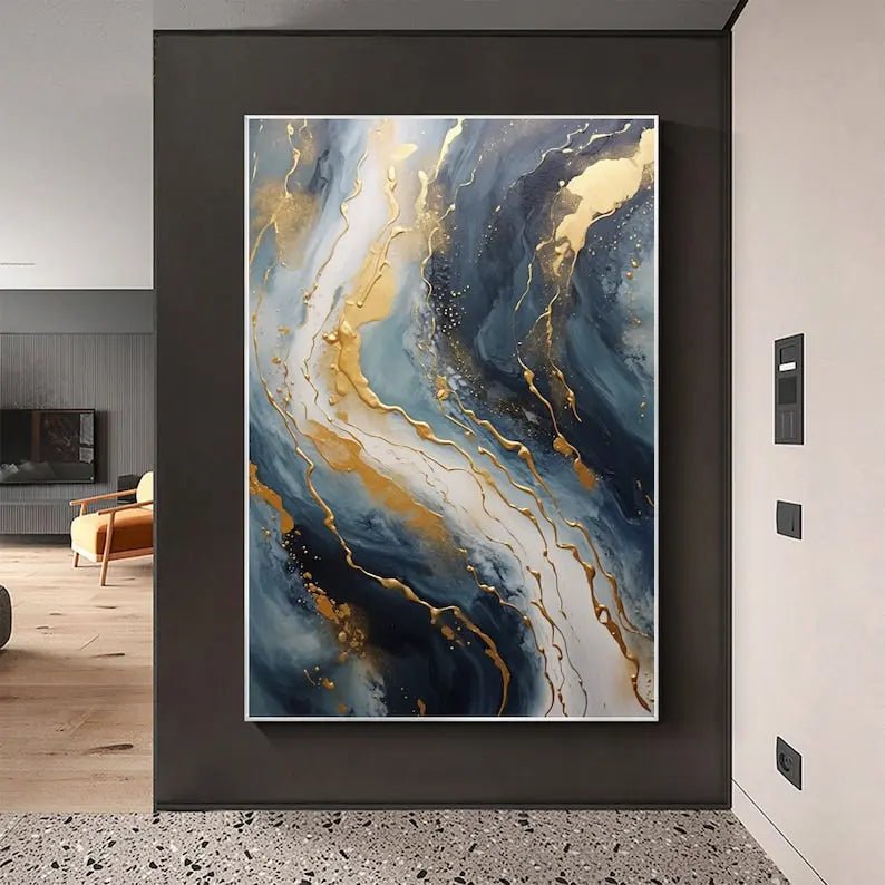 Abstract Oil Painting - Blue and Gold Fluid Marble Wall Art - Oil Painting Haven