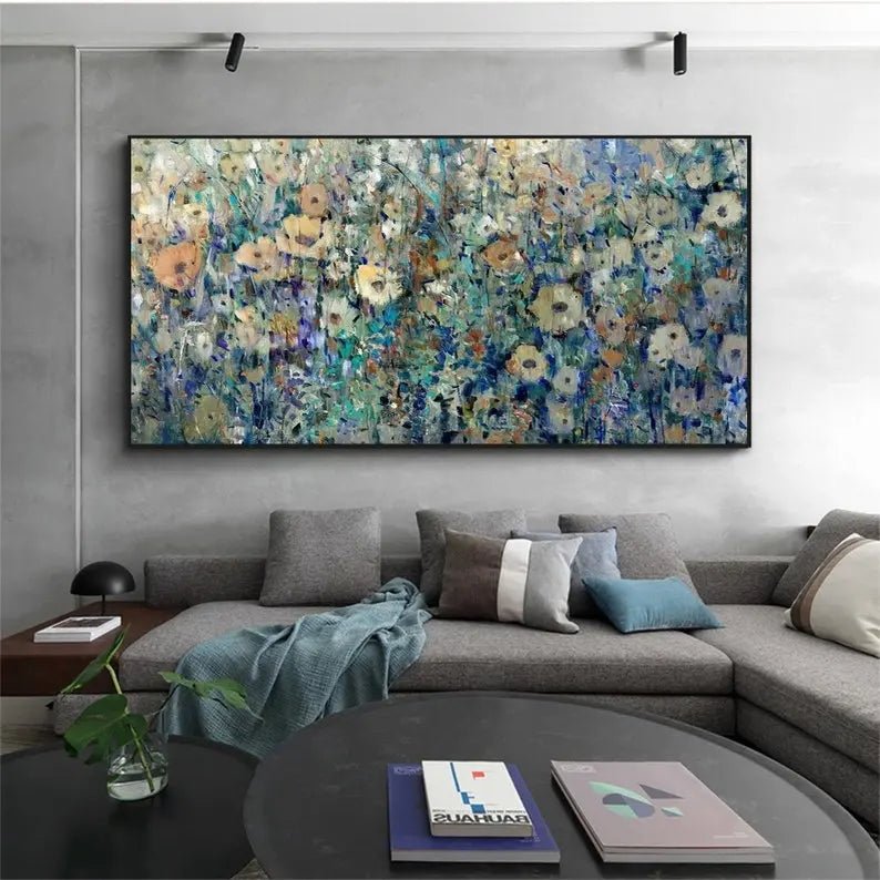 Abstract Oil Painting - Blue and Yellow Floral Field Wall Art - Oil Painting Haven