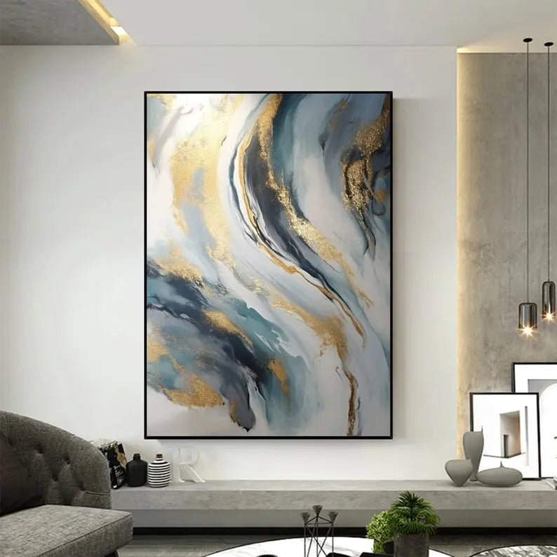 Abstract Oil Painting - Blue, Gray, and Gold Fluid Wall Art - Oil Painting Haven