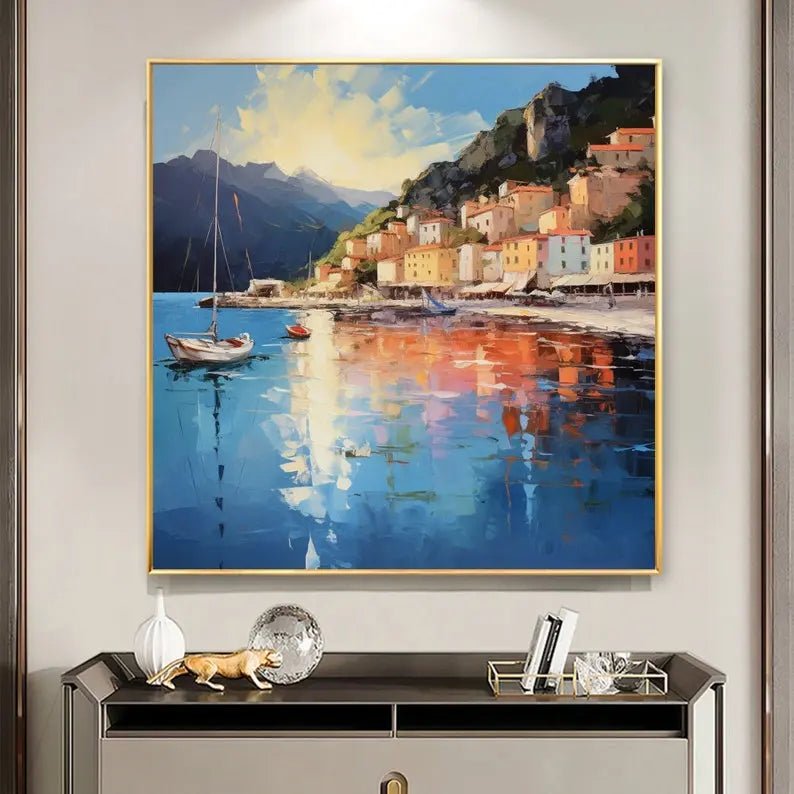 Abstract Oil Painting - Coastal Town with Boats - Oil Painting Haven