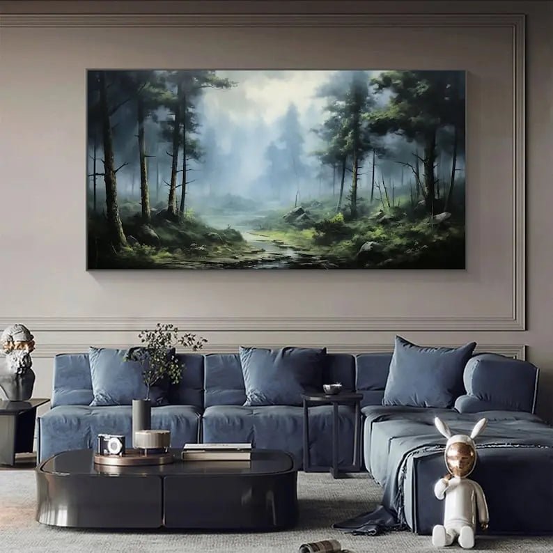 Abstract Oil Painting - Misty Forest Landscape with Stream - Oil Painting Haven