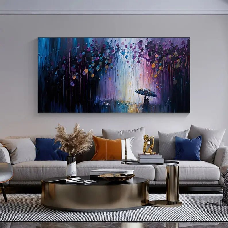 Abstract Oil Painting - Rainy Night Scene with Umbrella Figure - Oil Painting Haven