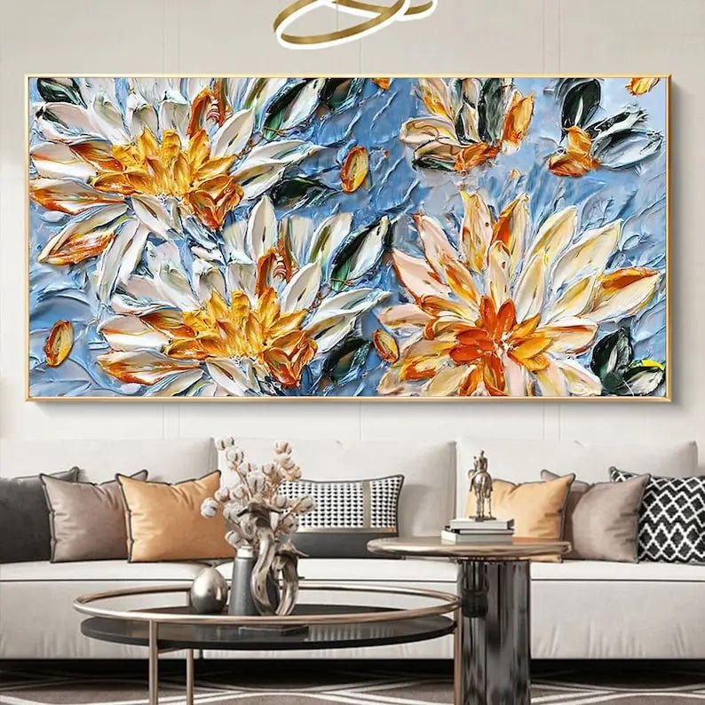 Abstract Oil Painting - Textured Floral Bouquet with Blue Background Wall Art - Oil Painting Haven