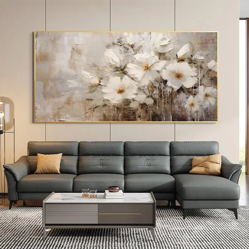 Abstract Oil Painting - Textured White Floral Bouquet Wall Art - Oil Painting Haven