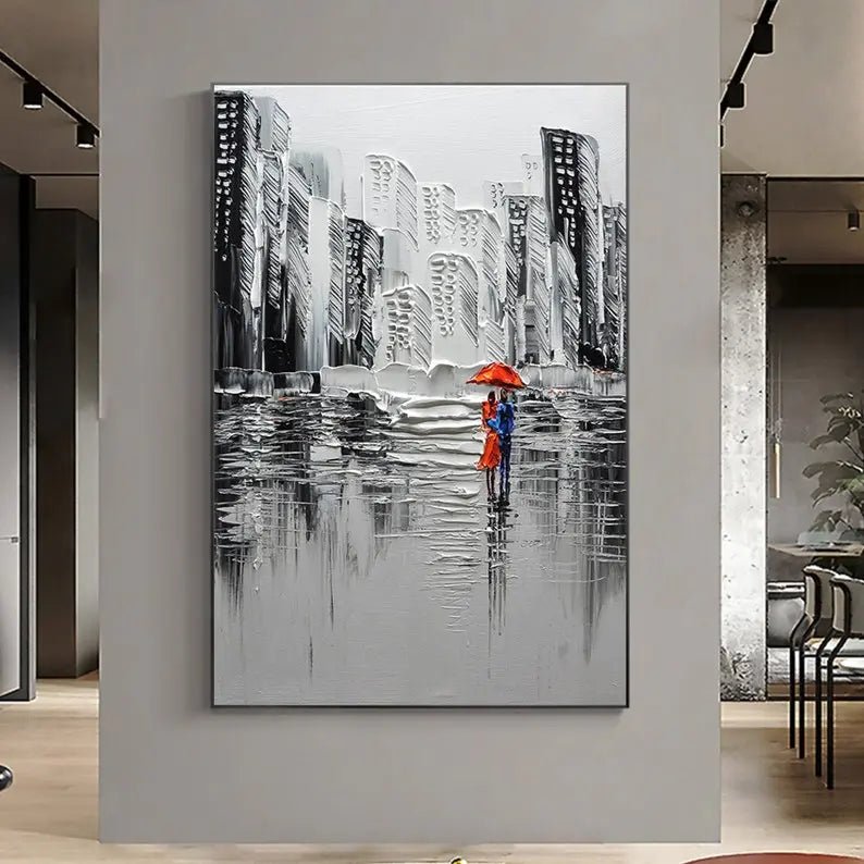 Abstract Oil Painting - Urban Couple Under Red Umbrella Wall Art - Oil Painting Haven