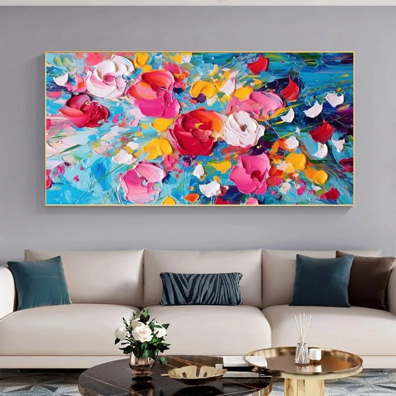 Abstract Oil Painting - Vibrant Floral Bouquet on Blue Background Wall Art - Oil Painting Haven