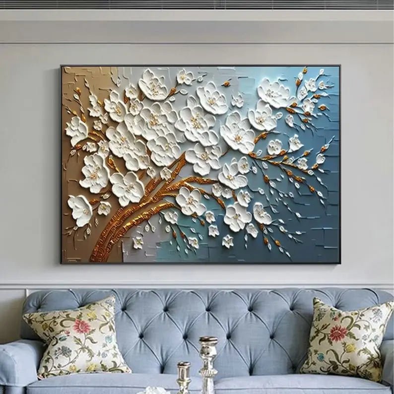Abstract Oil Painting - White Floral Tree with Gold Accents - Oil Painting Haven