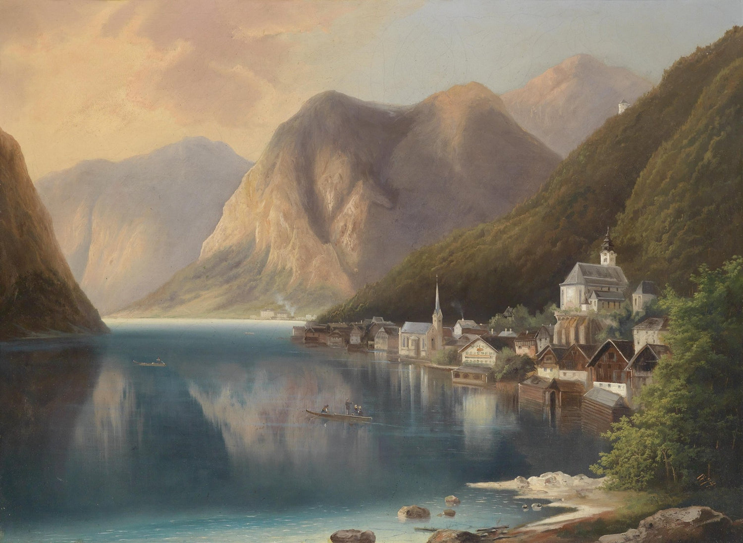 Alpine Lakeside Village at Dusk | Hand - Painted Landscape Oil Painting - Oil Painting Haven