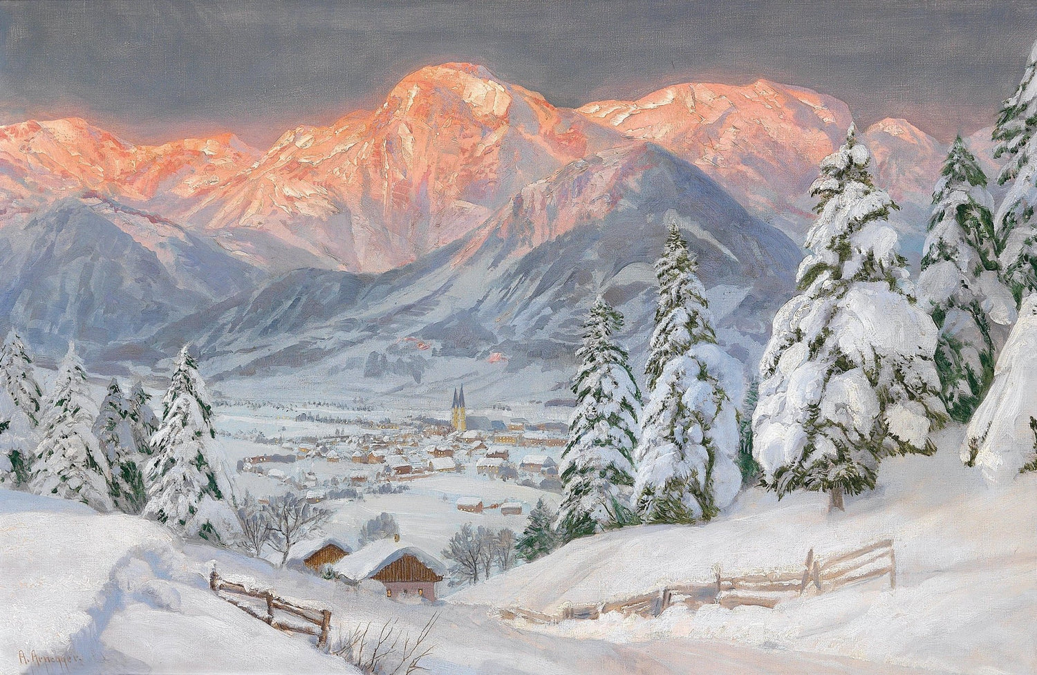Alpine Town, Pink Mountain Peaks – Landscape Oil Painting - Oil Painting Haven