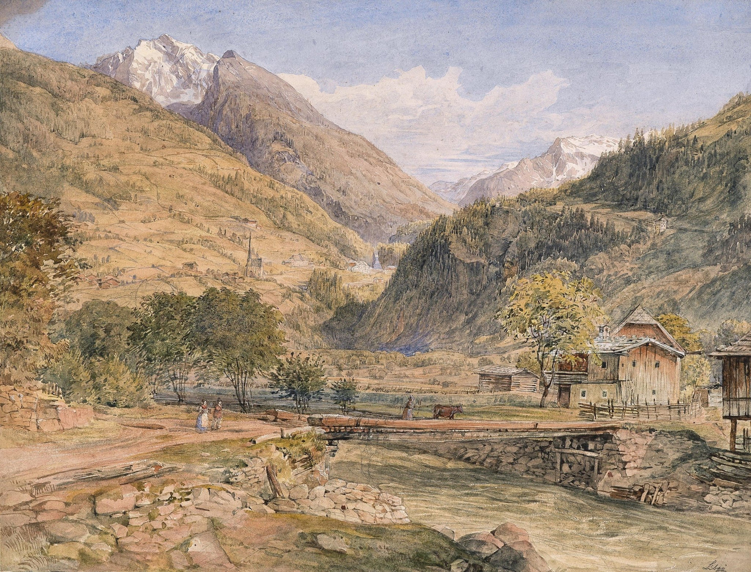 Alpine Valley Village with Bridge, Mountains – Landscape Oil Painting - Oil Painting Haven