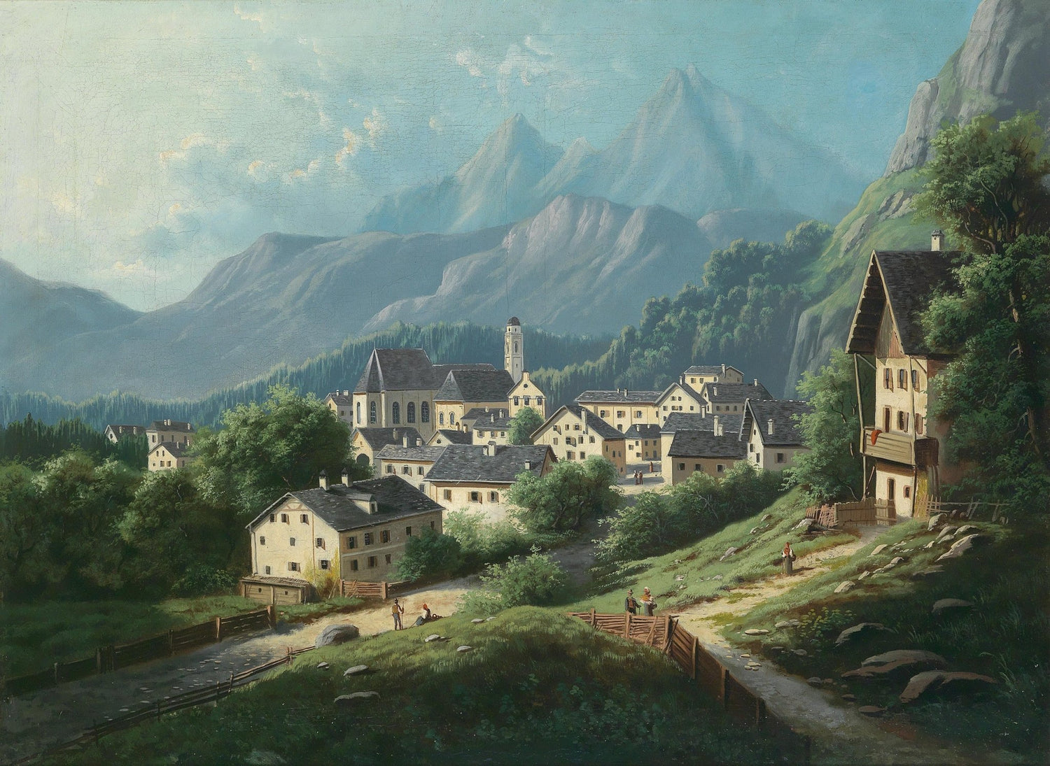 Alpine Village in the Mountains | Hand - Painted European Oil - Oil Painting Haven