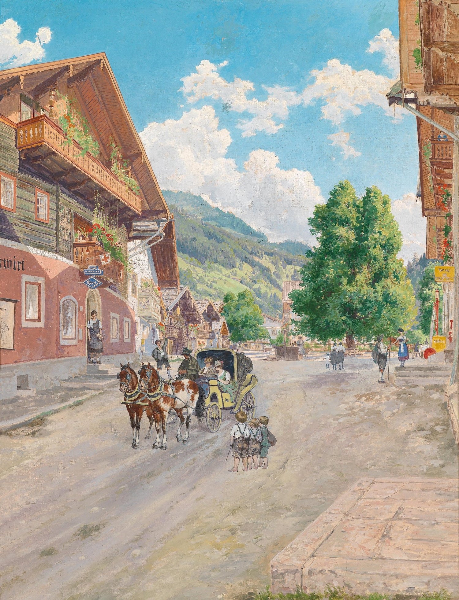 Alpine Village Street Scene, Horse Carriage – Landscape Oil Painting - Oil Painting Haven