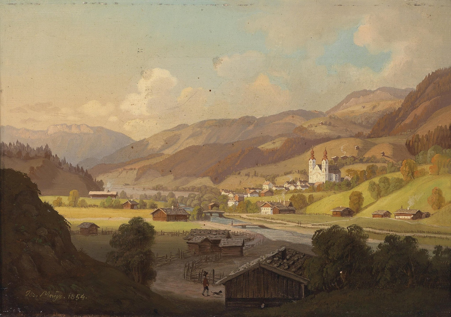 Alpine Village with Church and Valley Hills – Landscape Oil Painting - Oil Painting Haven