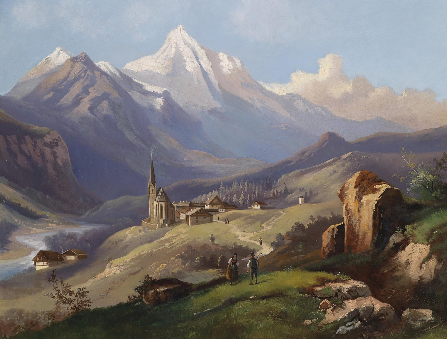 Alpine Village with Church | Hand - Painted Landscape Oil Painting - Oil Painting Haven