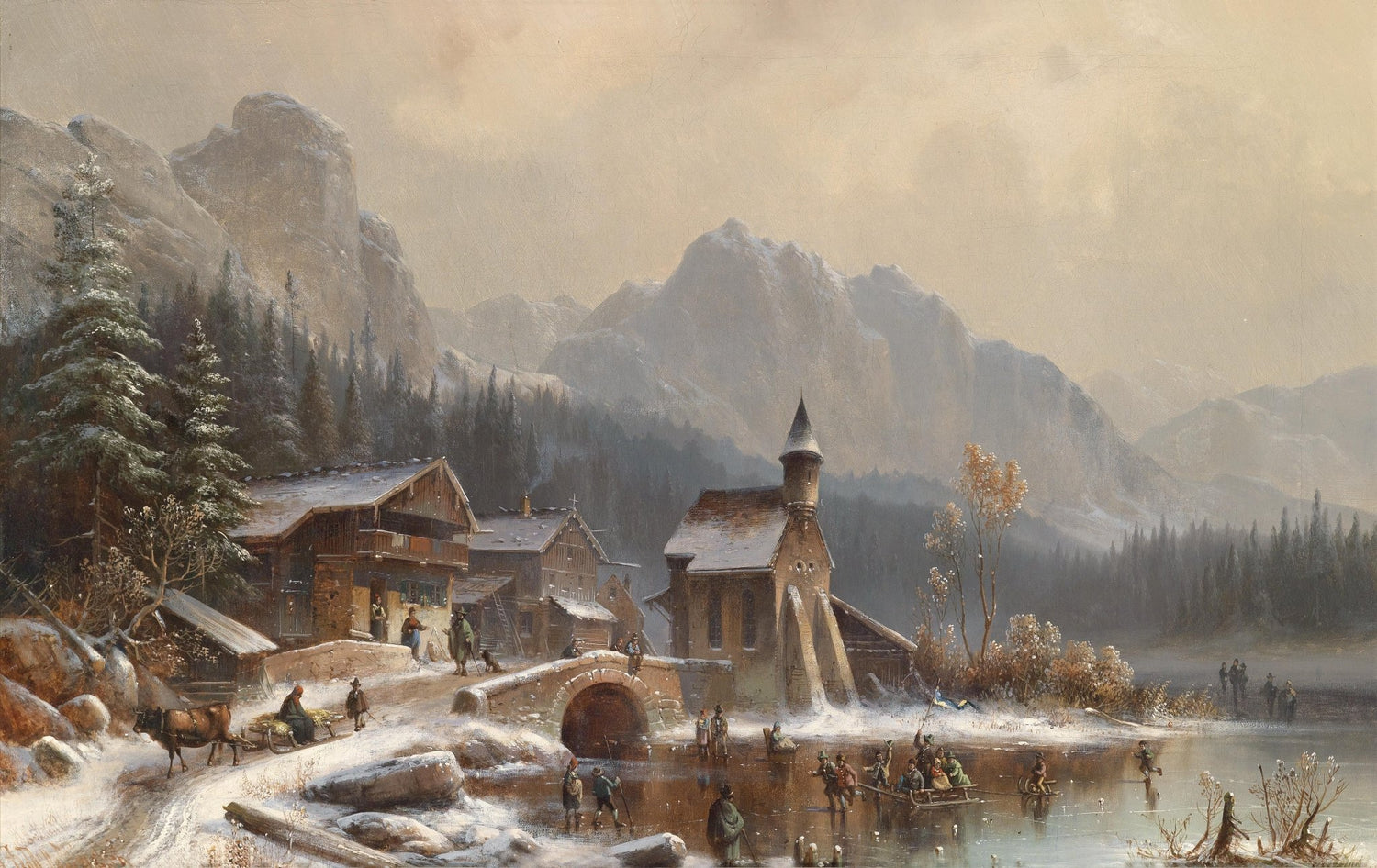 Alpine Winter Village by the Lake | Hand - Painted Landscape Oil Painting - Oil Painting Haven