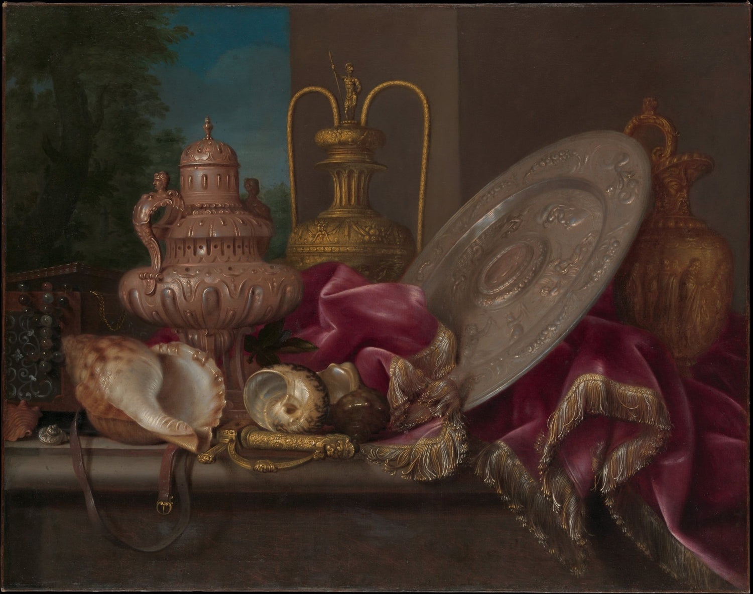 Antique Vessels and Seashells on Velvet - Still Life Oil Painting - Oil Painting Haven