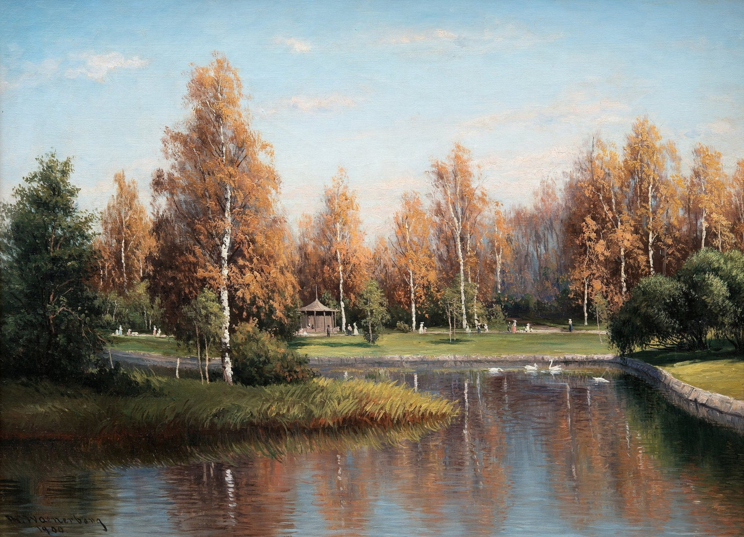 Autumn Birch Park by the Lake – Hand - Painted Landscape Oil Painting - Oil Painting Haven