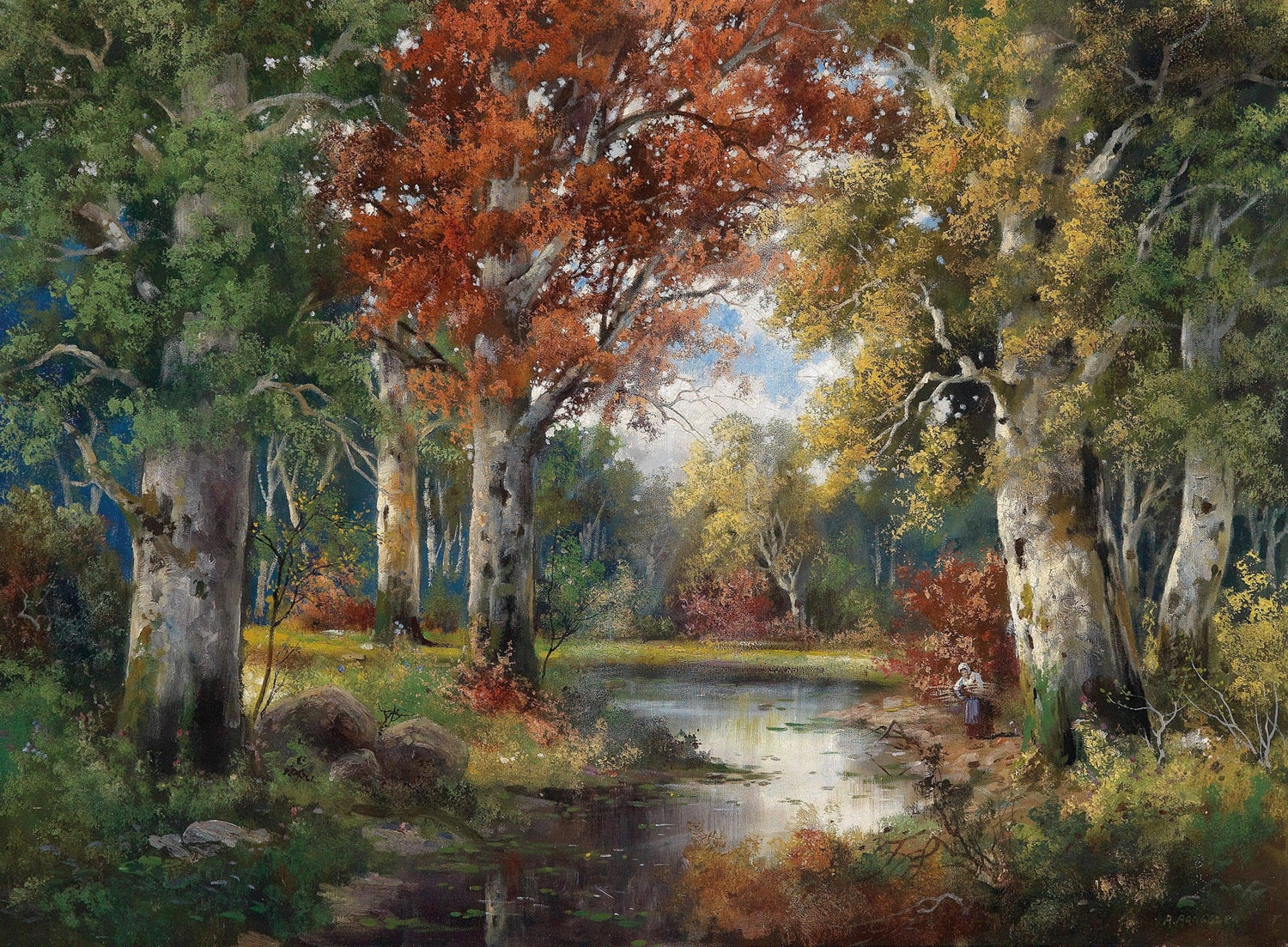 Autumn Forest Lake, Reflections, Tall Trees – Landscape Oil Painting - Oil Painting Haven