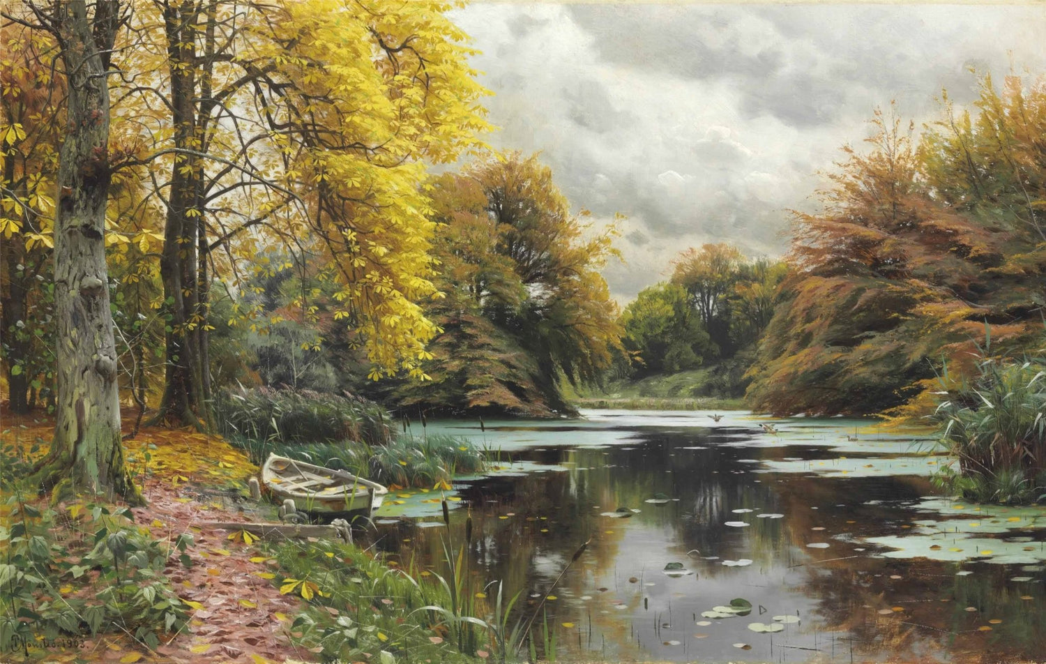 Autumn Forest Lake with Boat – Hand - Painted Landscape Oil Painting - Oil Painting Haven