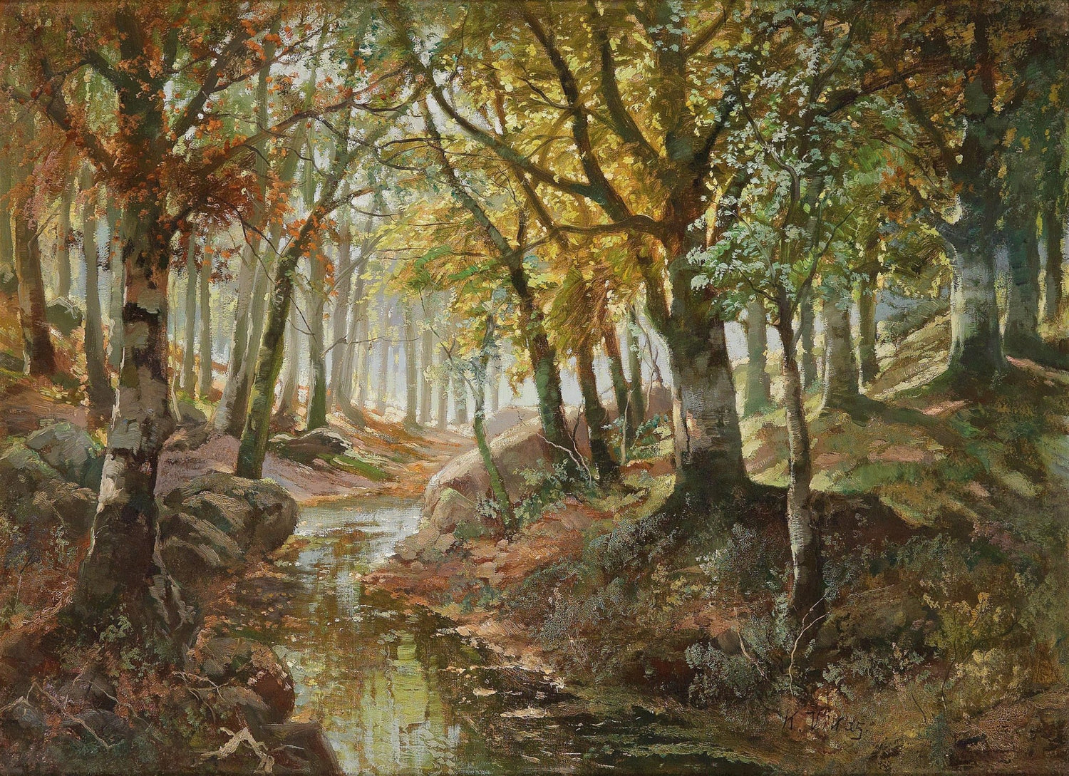 Autumn Forest Stream, Sunlight – Hand - Painted Landscape Oil Painting - Oil Painting Haven