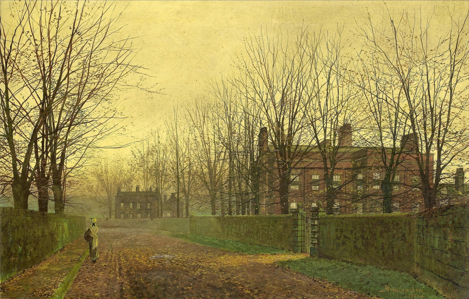 Landscape oil painting with textured brushwork depicting an autumn lane lined with bare trees, a dirt road, and a red brick. - Add Frame, Canvas, Cottage, Country, Forest, Hand Painted, Landscape, Made To Order, Oil Painting, Road