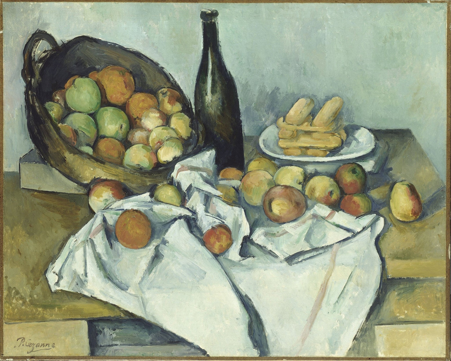 Basket of Apples with Bottle and Bread - Still Life Oil Painting - Oil Painting Haven