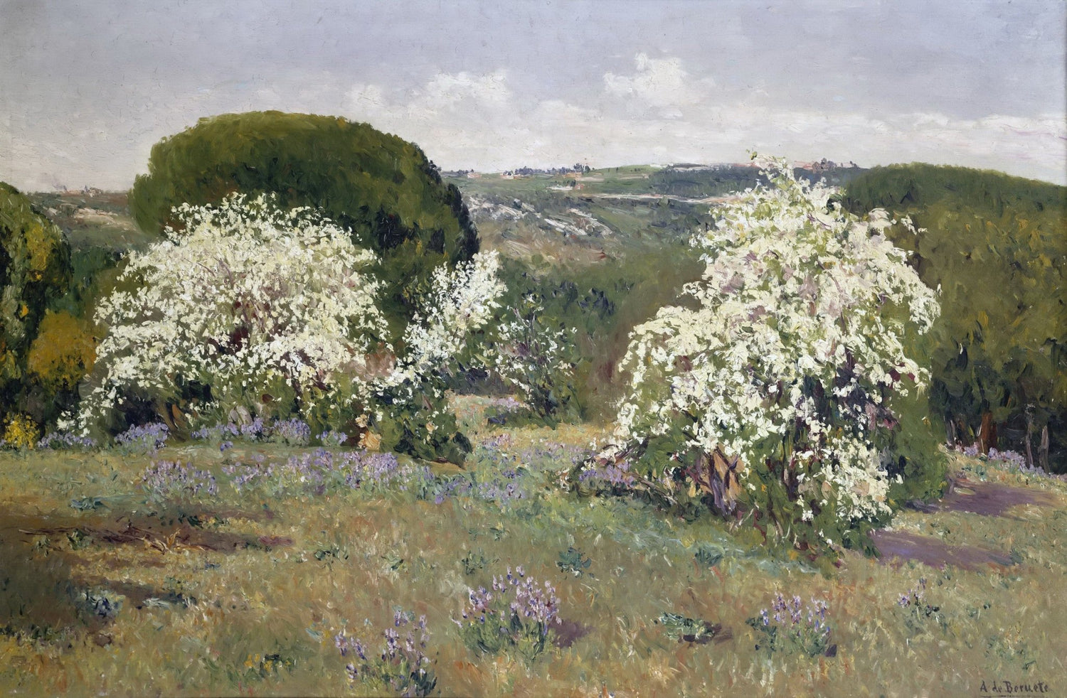 Landscape oil painting with textured brushwork depicting blooming hawthorn trees in a spring meadow, oil on canvas hand. - Add Frame, Canvas, Country, Field, Floral, Forest, Hand Painted, Landscape, Made To Order, Oil Painting