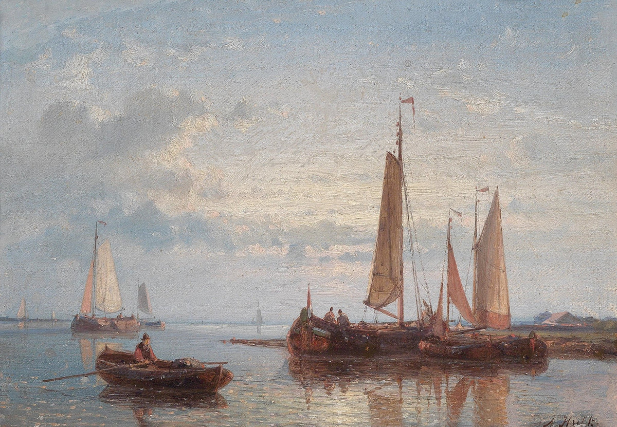 Hand-painted calm harbor sailboats at dusk nautical oil painting on canvas