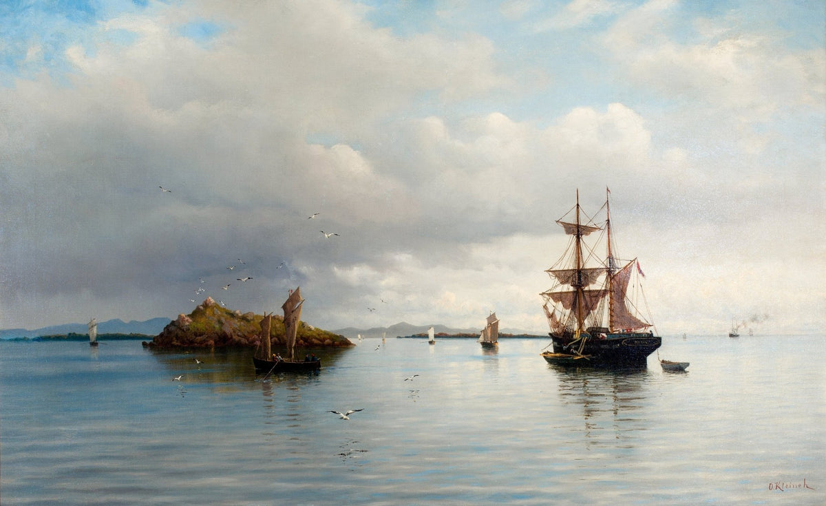 Hand-painted calm harbor with tall ship nautical oil painting on canvas