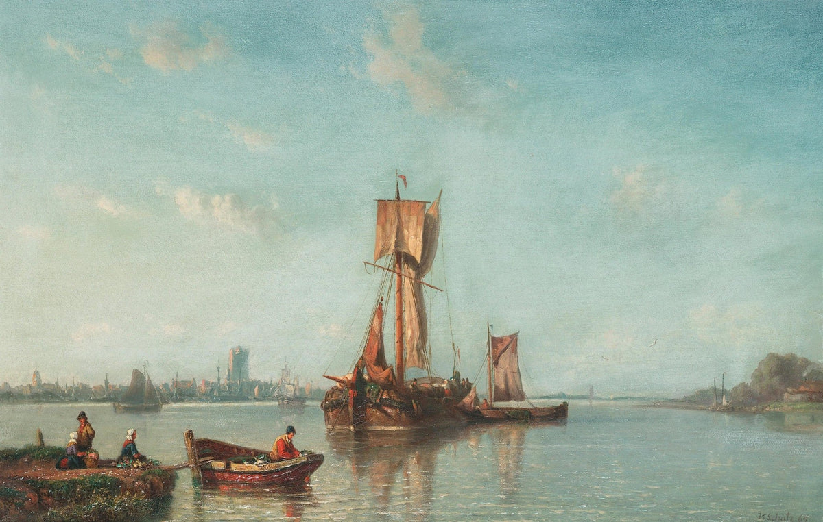 Hand-painted calm river sailboat scene nautical oil painting on canvas