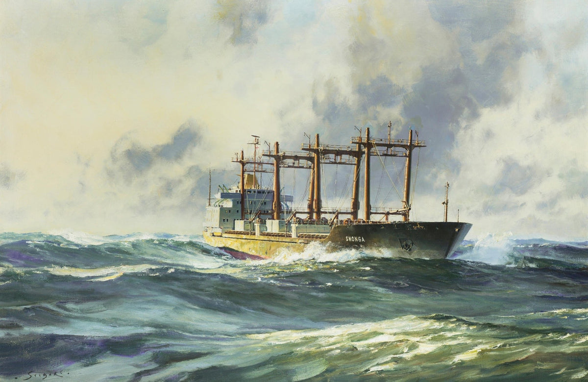 Hand-painted cargo freighter in rolling ocean waves nautical oil painting on canvas