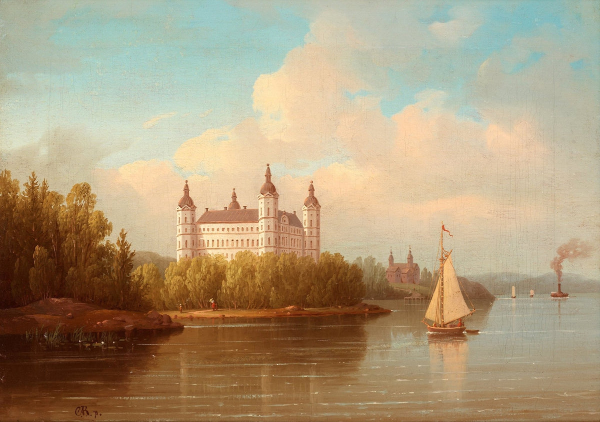Hand-painted castle by the river with sailboat nautical oil painting on canvas