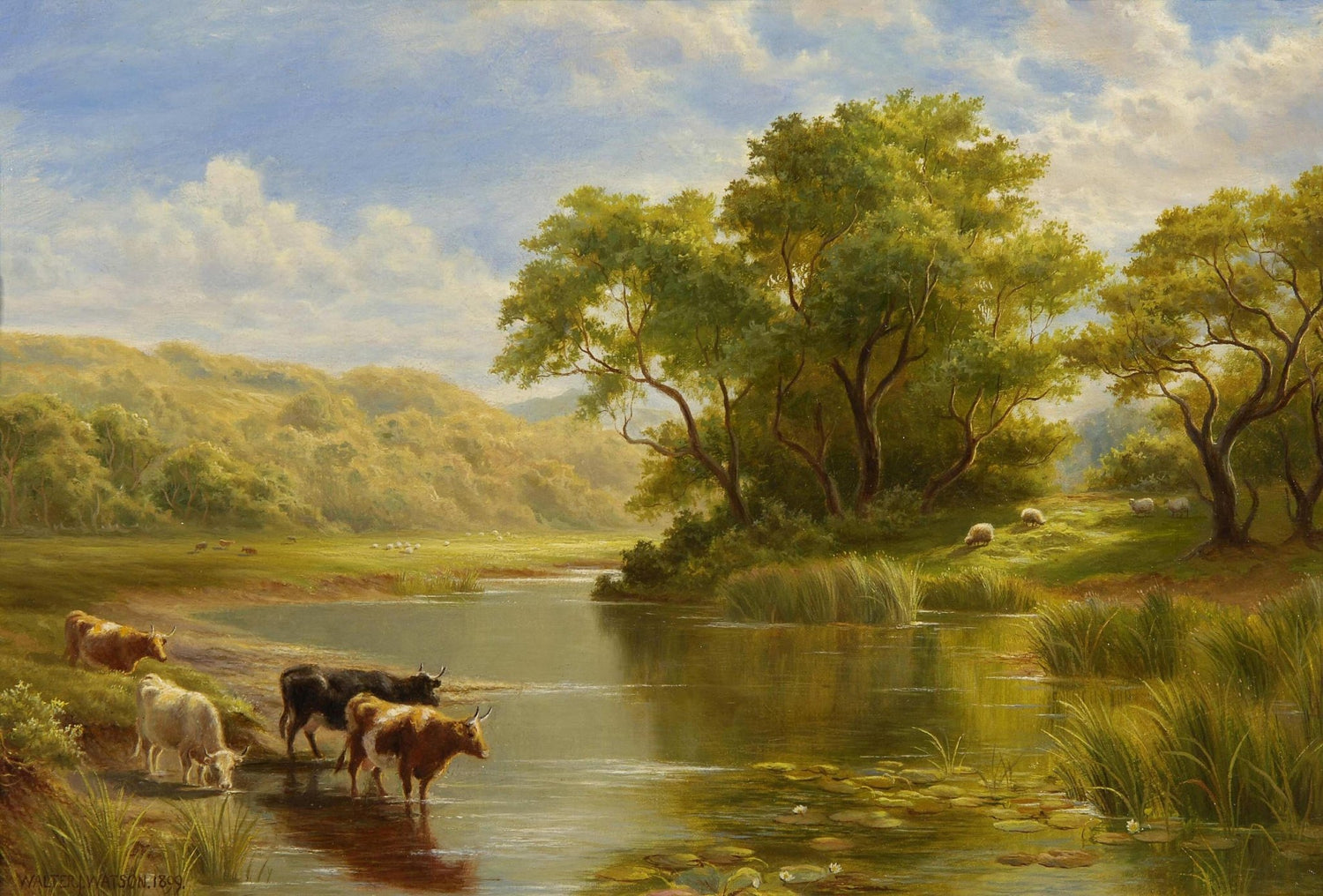 Cattle by Quiet River | Hand - Painted Pastoral Landscape Oil Painting - Oil Painting Haven