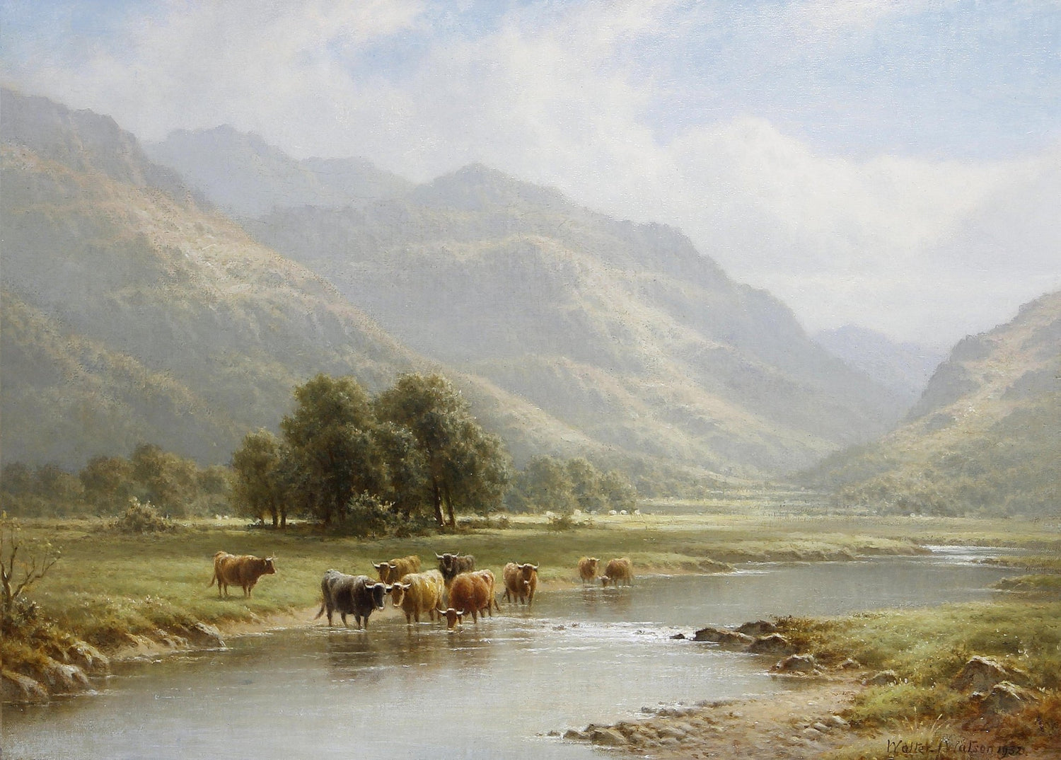 Cattle Crossing a Mountain River Valley – Landscape Oil Painting - Oil Painting Haven