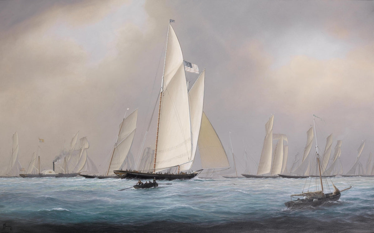 Hand-painted classic yacht regatta at sea nautical oil painting on canvas
