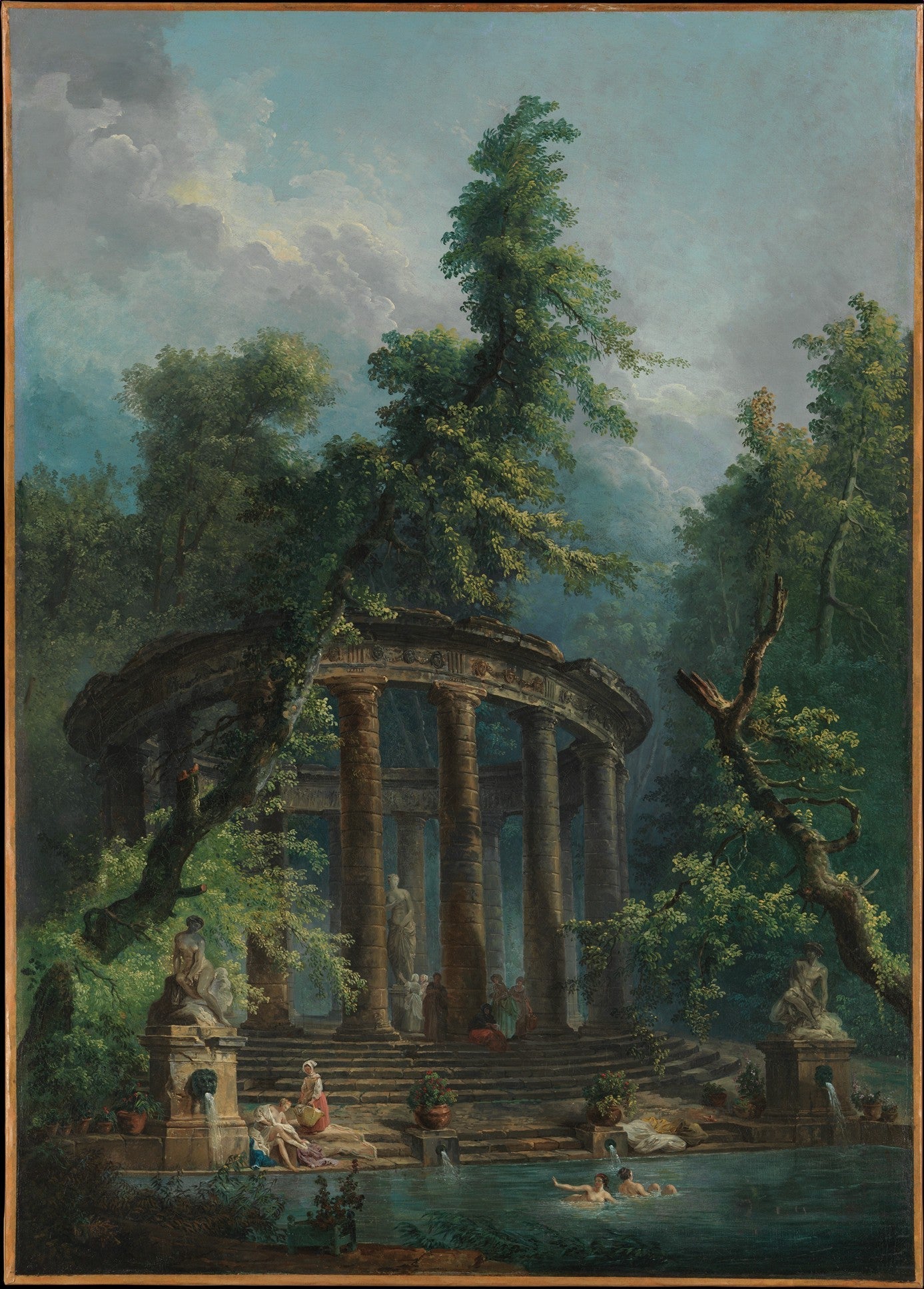 Classical garden temple and bathing pool landscape oil painting on canvas with textured brushwork and lush forest background. - Add Frame, Architecture, Canvas, Forest, Garden, Hand Painted, Landscape, Made To Order, Oil Painting