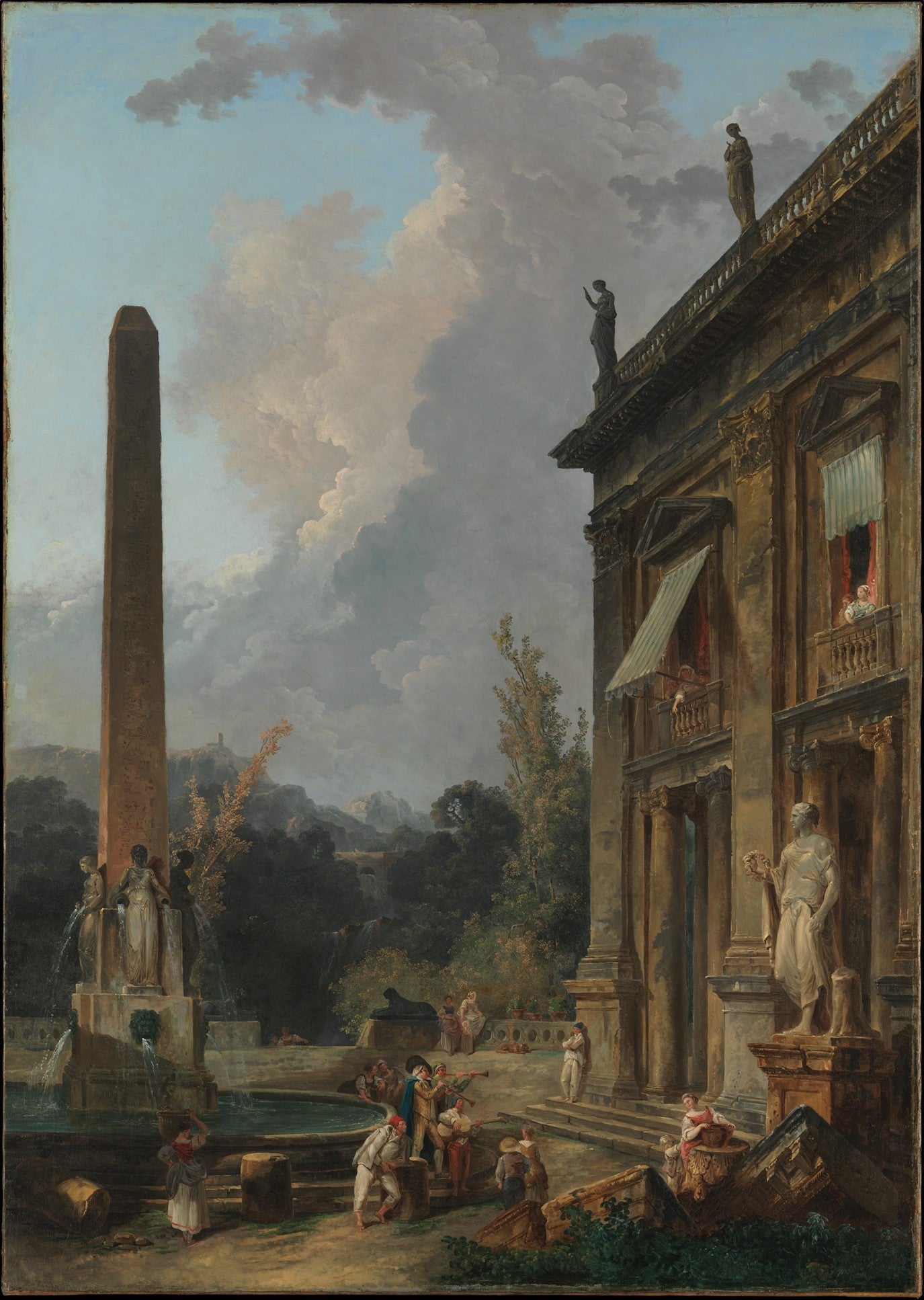 Classical palace courtyard landscape oil painting with fountain, textured brushwork, oil on canvas, hand painted oil painting. - Add Frame, Architecture, Canvas, Castle, Figure, Hand Painted, Landscape, Made To Order, Oil Painting