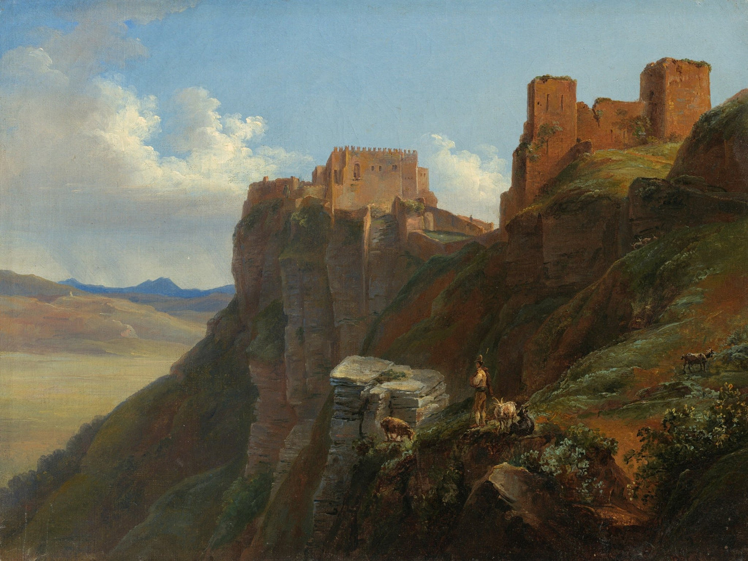 Hand painted landscape oil painting on canvas featuring a cliffside castle overlooking a sunlit valley, textured brushwork. - Add Frame, Architecture, Canvas, Castle, Hand Painted, Landscape, Made To Order, Mountain, Oil Painting