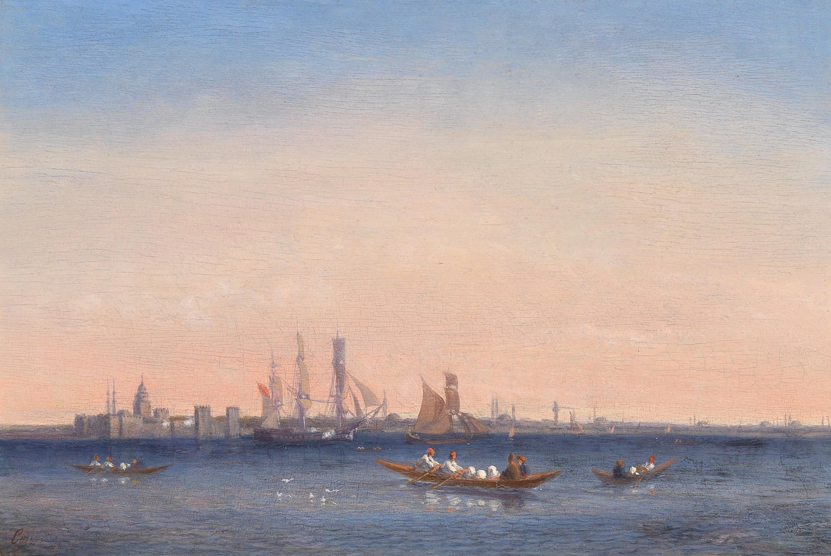 Hand-painted coastal city harbor at dusk nautical oil painting on canvas