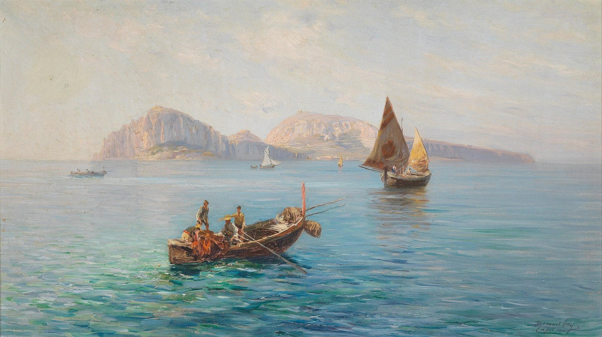Hand-painted coastal fishermen and calm seas nautical oil painting on canvas