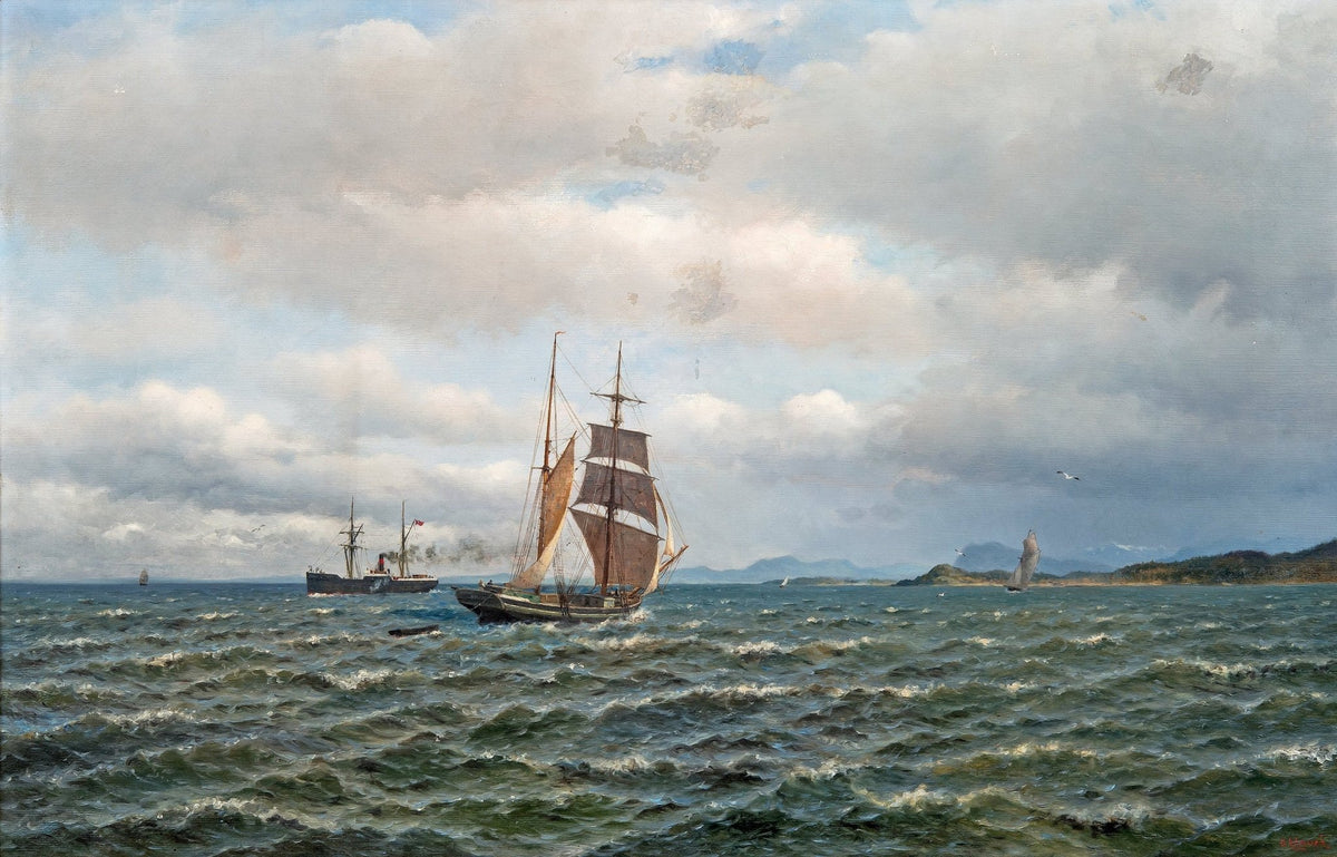 Hand-painted coastal sailboats and steamer nautical oil painting on canvas