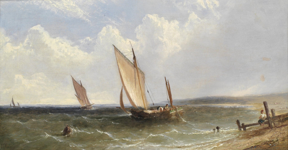Hand-painted coastal sailboats near shore nautical oil painting on canvas