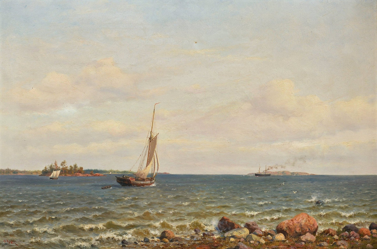 Hand-painted coastal sailing scene with rocky shore nautical oil painting on canvas